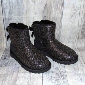 UGG Mini Bailey Bow Glitter Black Leopard Suede/Sheepskin Boots Womens Size 7